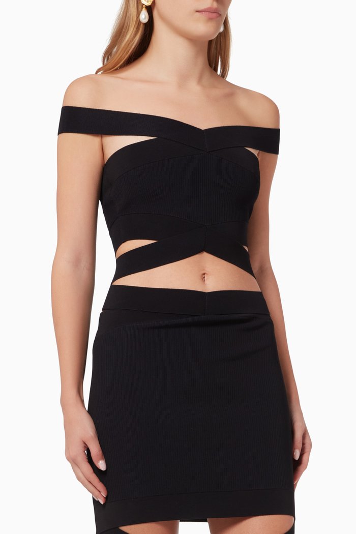 

Criss Cross Bustier Top in Ribbed Knit, Black