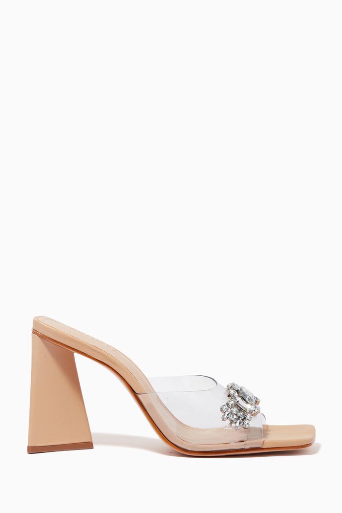 

Crystal Embellished Mule Heels in Leather & Vinyl, Neutral