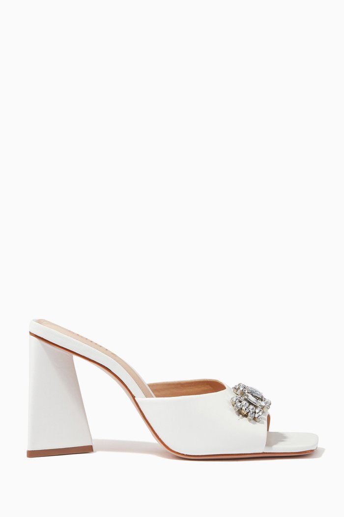 

Crystal Embellished Mule Heels in Leather, White