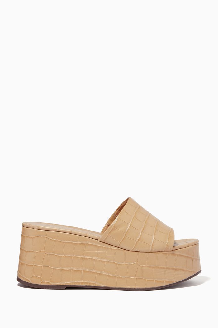 

Platform Sandals in Croc-embossed Leather, Neutral