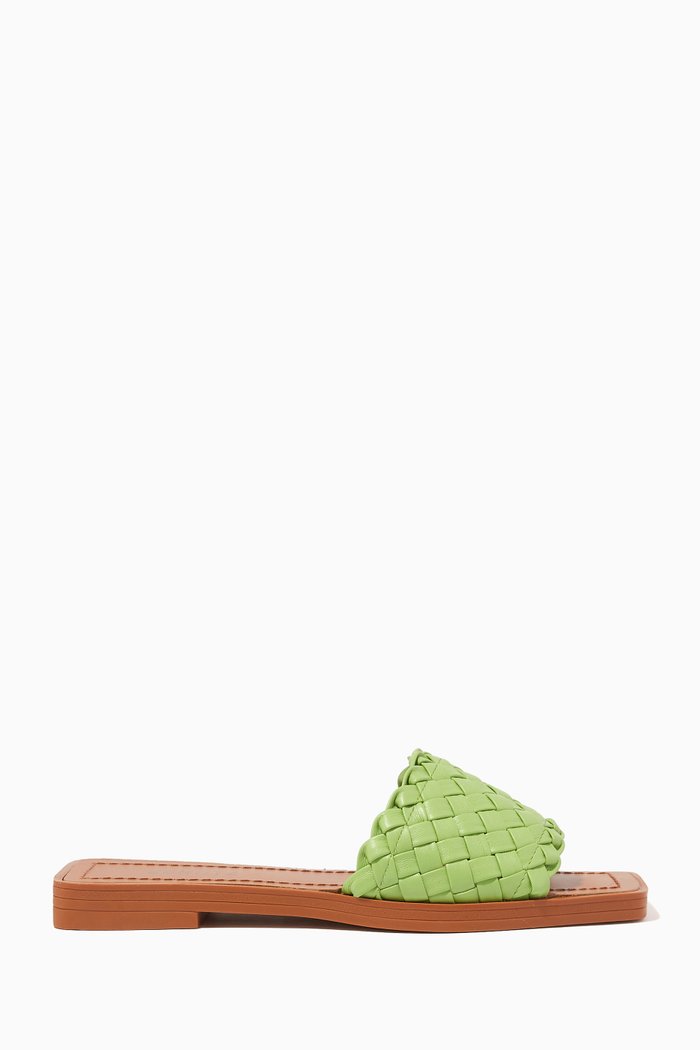 

Woven Slide Sandals in Leather, Green