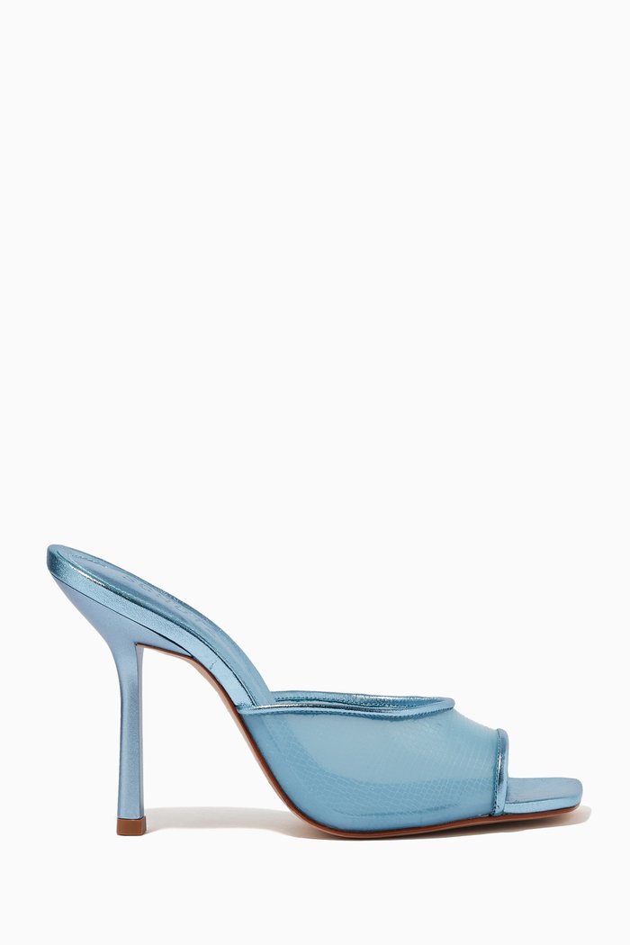 Sunset Waves Mule Heels in Metallic Leather & Plexi, Blue