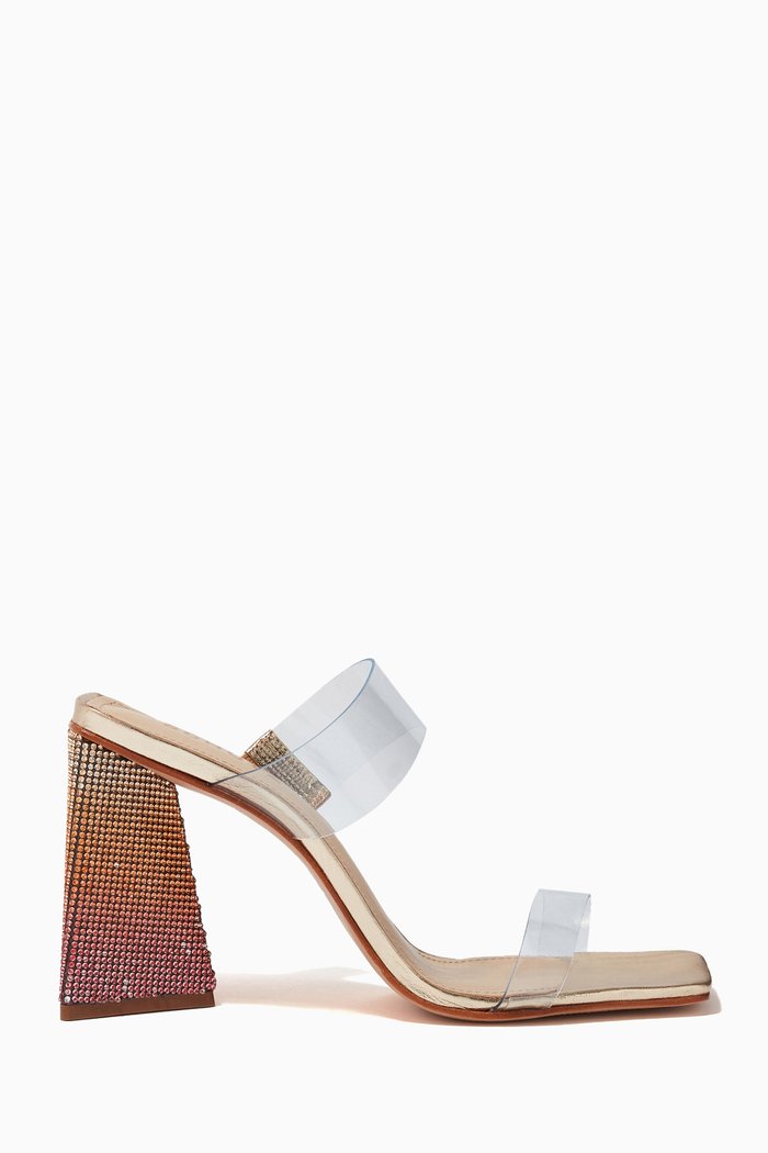 

Ariellen Mule Heels in Metallic Leather & Plexi, Silver