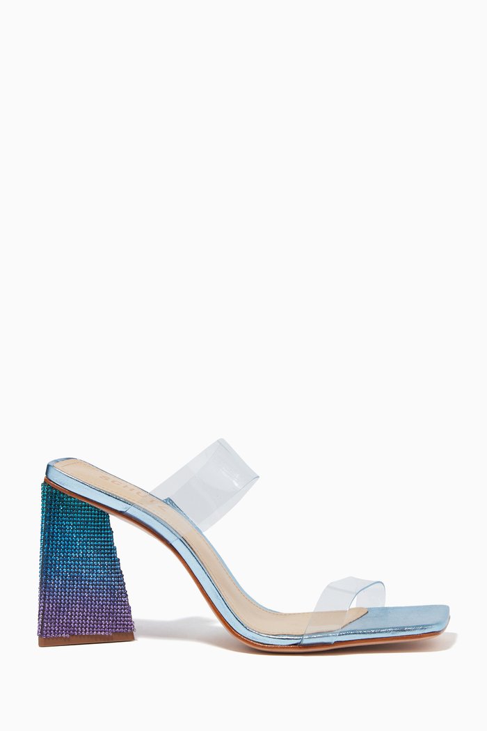 

Ariellen Mule Heels in Metallic Leather & Plexi, Blue