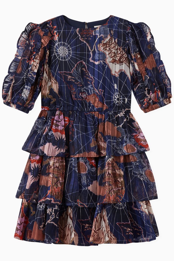 Printed Ruffle Dress in Recycled Polyester, Multicolour