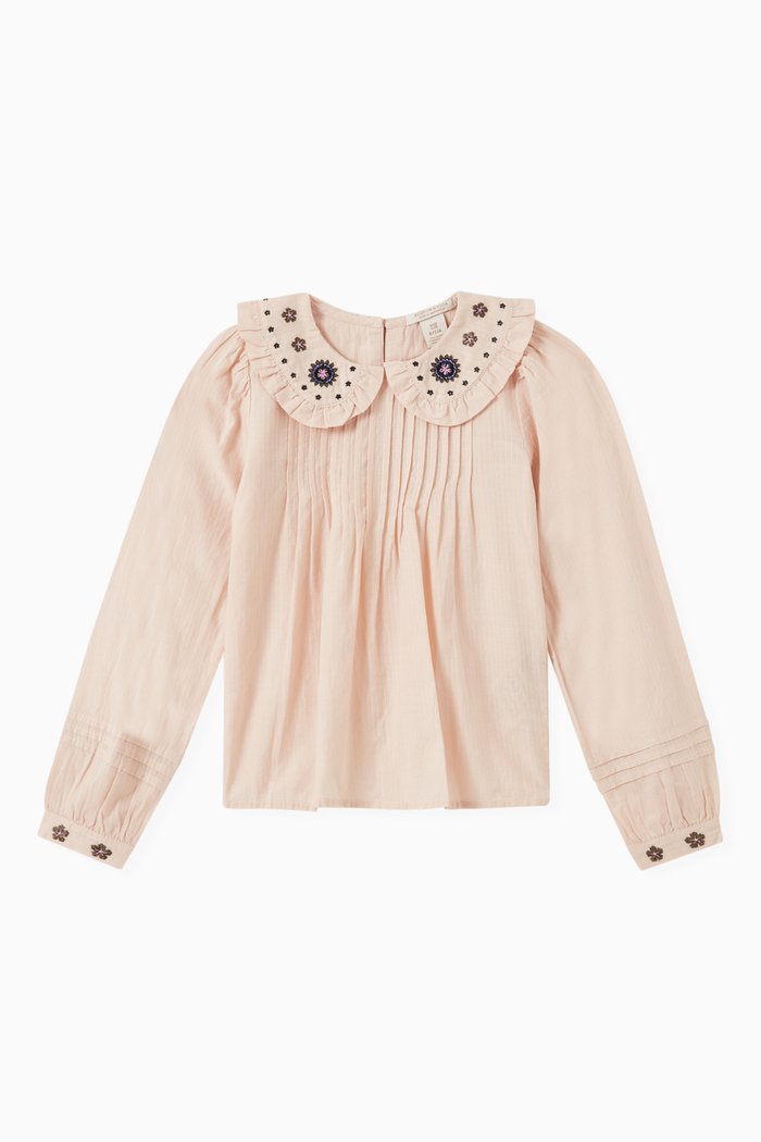 

Embroidered Pleated Wide-Fit Top in Cotton, Pink