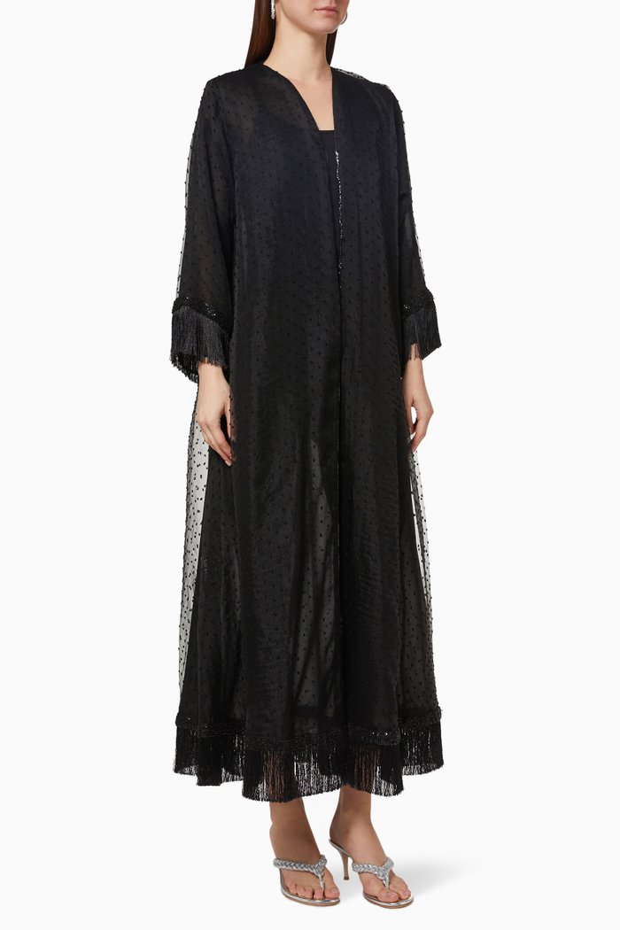 

Polka Dot Fringe Abaya in Organza, Black