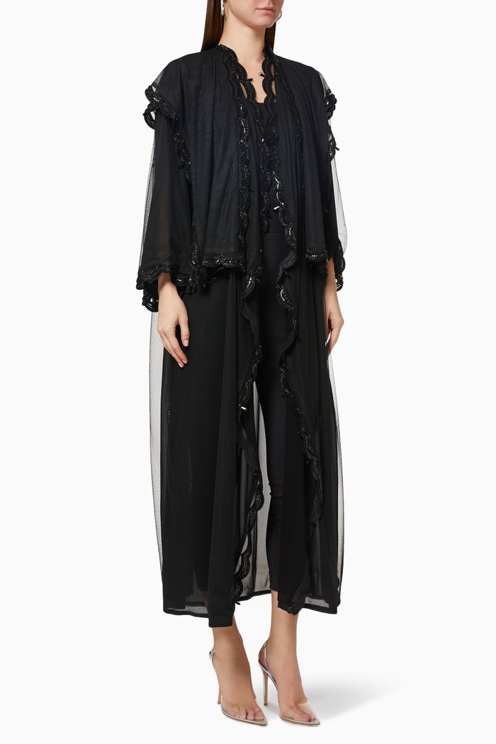 

Sequin Trim Abaya in Tulle, Black