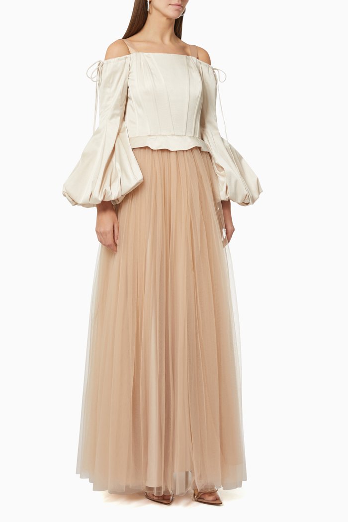 

Off-The-Shoulders Dress in Silk & Tulle, Neutral