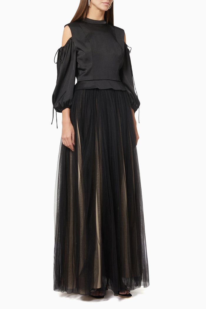 

Cold Shoulder Gown in Crepe & Tulle, Black