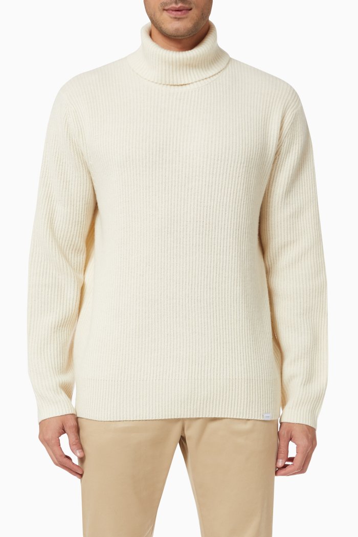 Eddie Rollneck Knit in Ribbed Merino Wool, Neutral