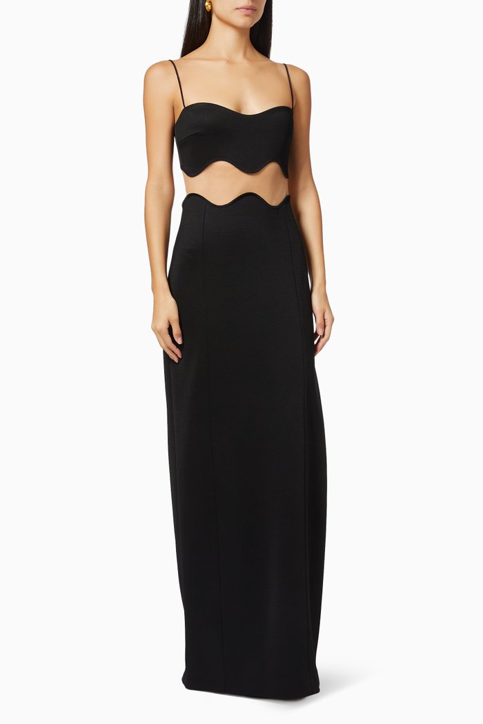 

Siren Scalloped Maxi Dress in Jersey, Black