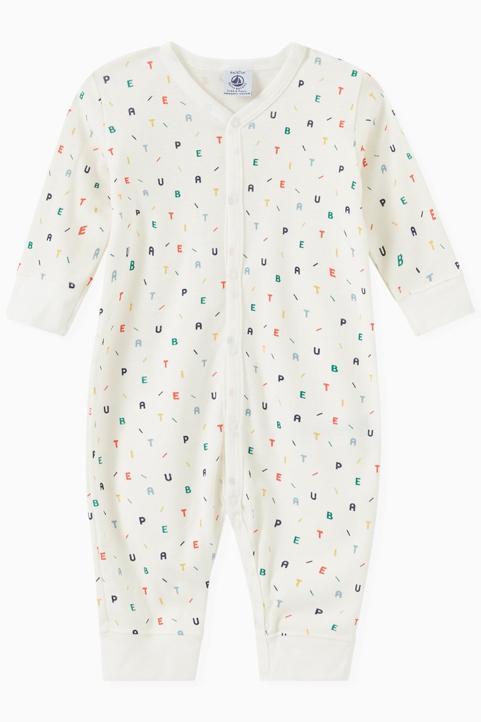 

Letter Patterned Footless Sleepsuit in Cotton, Multicolour