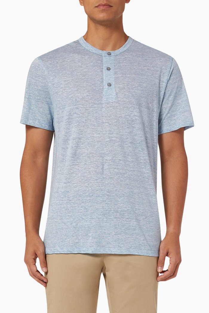 

Fine Stripe Short Sleeve Henley Shirt in Linen Blend, Blue