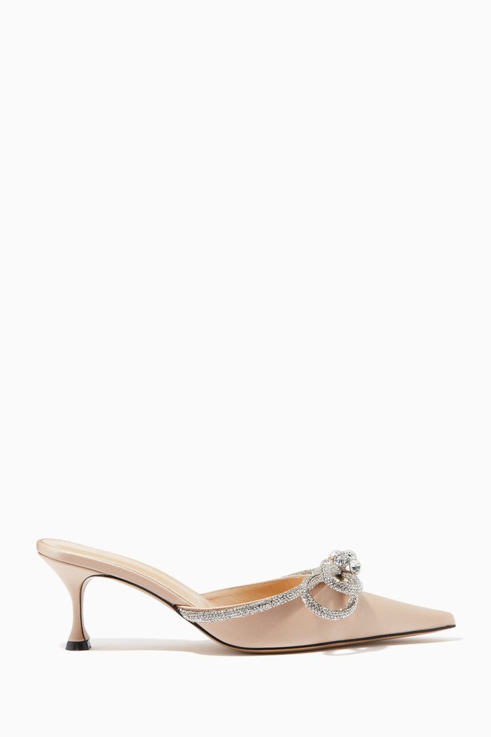 

Double Bow Crystal Mules in Silk Satin, Neutral