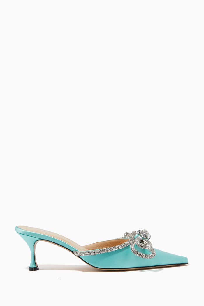 

Double Bow Crystal Mules in Silk Satin, Blue