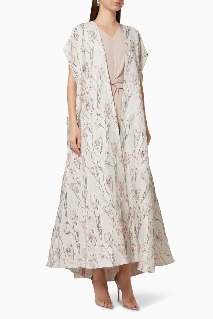 

Dress & Cape Set in Floral Jacquard, Pink