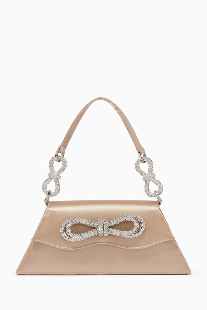 Medium Samantha Double Bow Shoulder Bag in Satin, Neutral