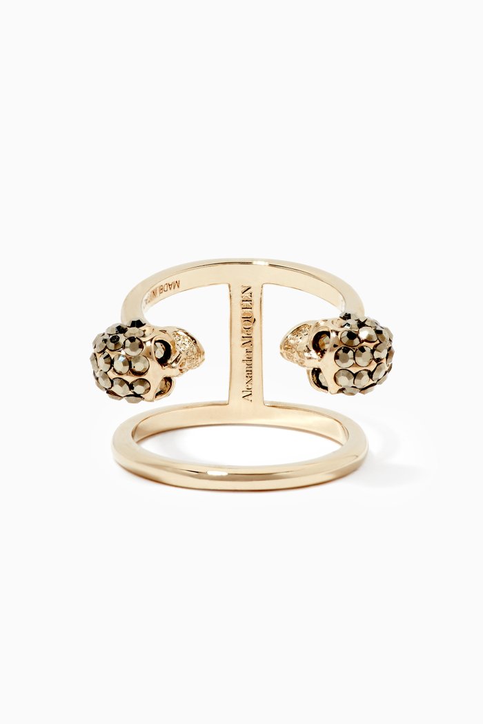 Twin Skull Double Ring in Gold-tone Brass, Yellow