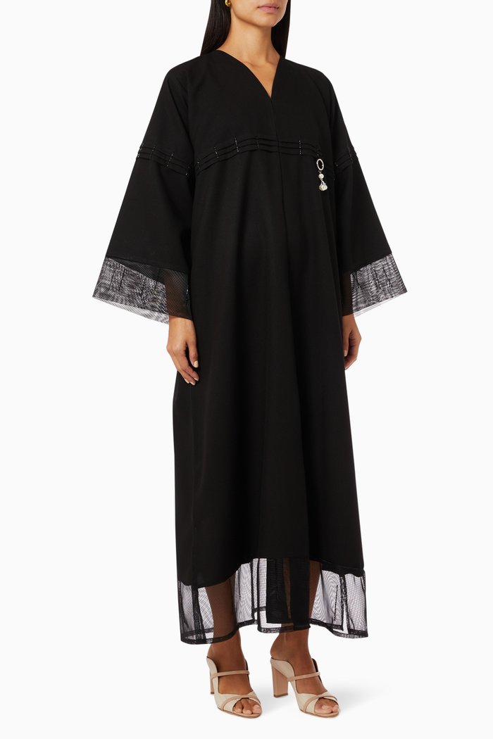 

Beaded Tulle Abaya, Black