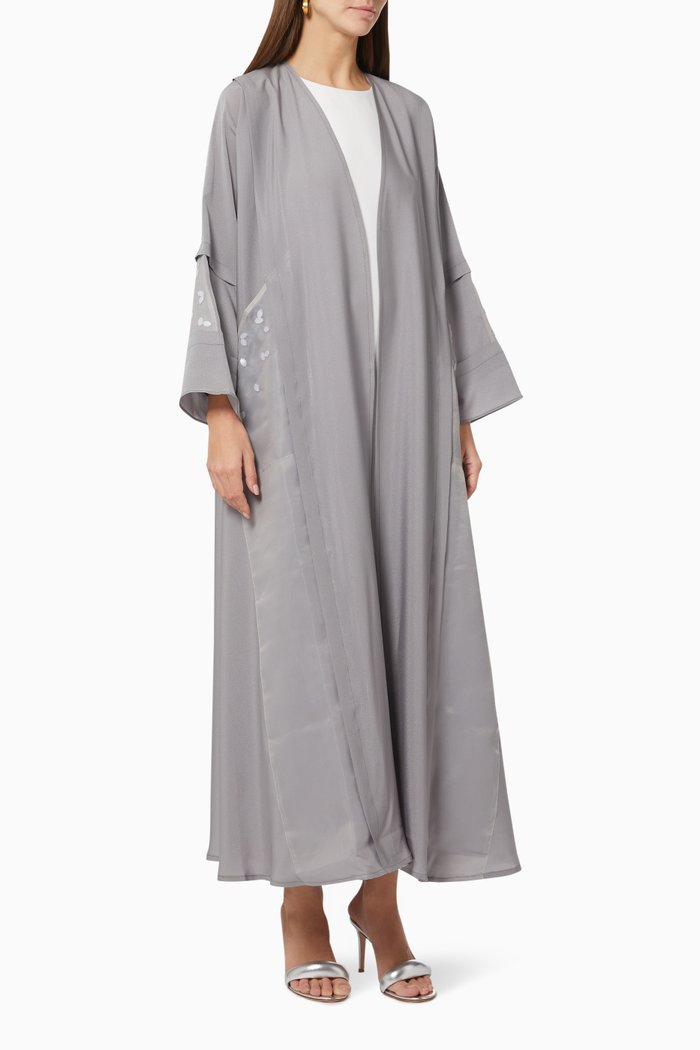 

Bead Embellished Abaya Set in Crepe, Grey