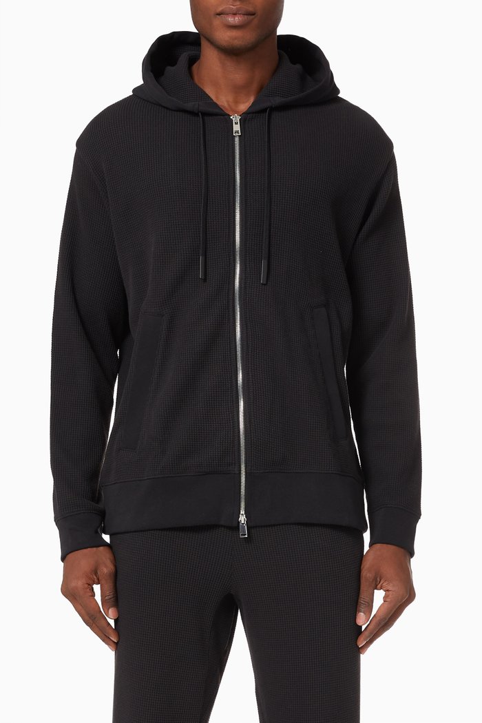 

Balena Zip Hoodie in Organic Cotton Waffle Knit, Black