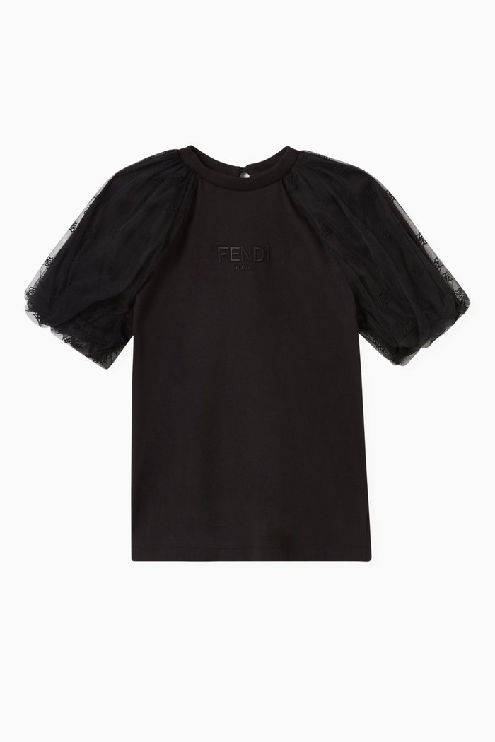 

T-shirt with FF Karligraphy Sleeves in Cotton Jersey & Tulle, Black