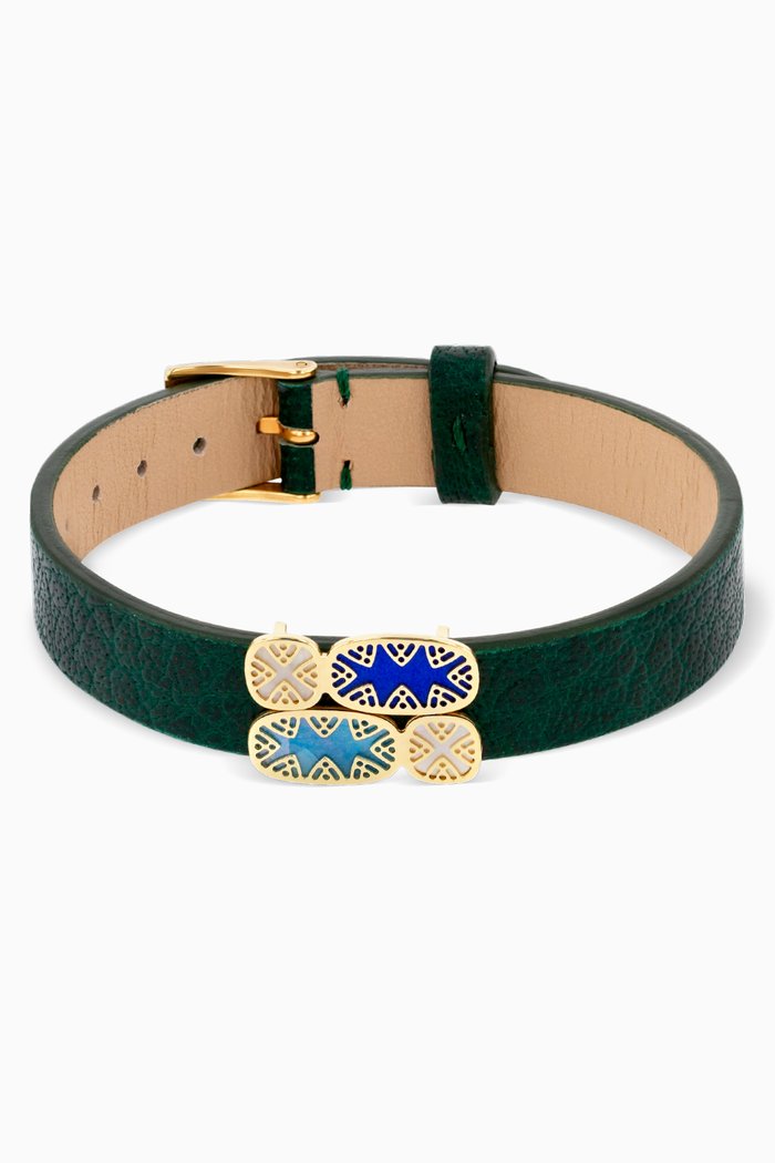 

Amelia Granda Mother of Pearl Four Motifs Leather Bracelet in 18kt Yellow Gold, Green