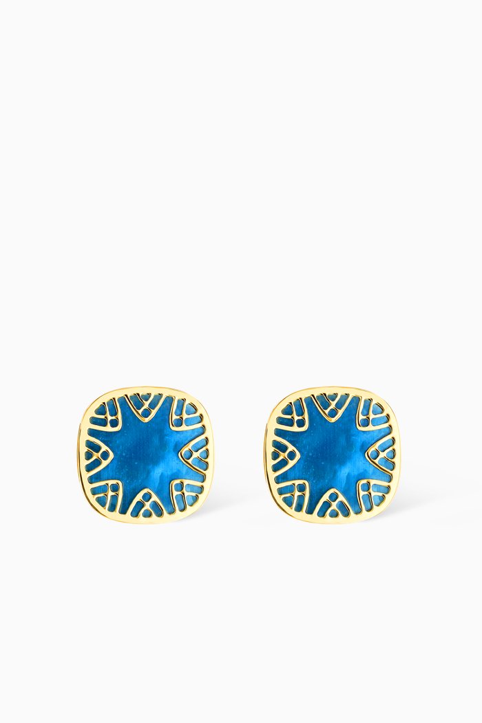 

Amelia Magical Dusk Mother of Pearl Big Square Stud Earrings in 18kt Yellow Gold