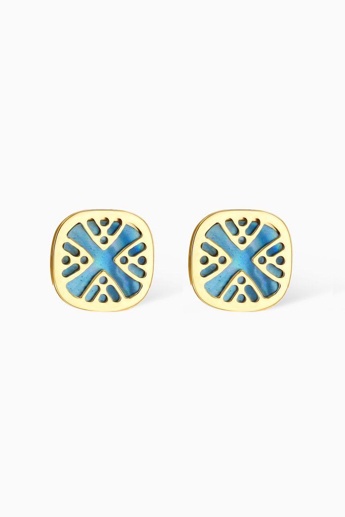 Amelia Magical Dusk Mother of Pearl Small Square Stud Earrings in 18kt Yellow Gold