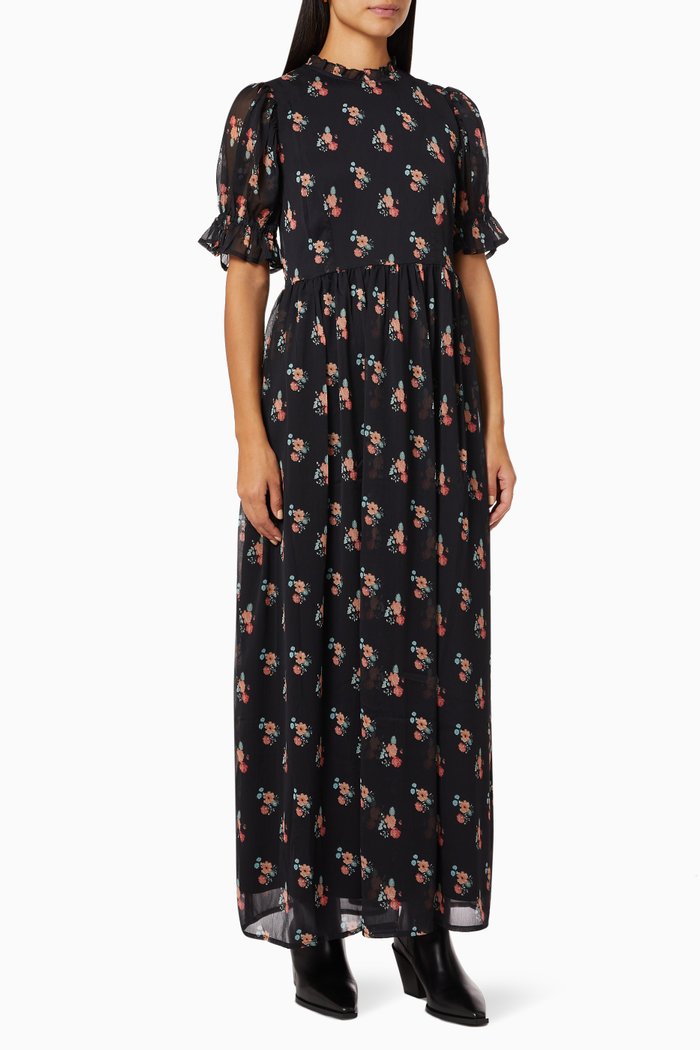 

Yaspima Ankle Dress in Floral Crepe, Black