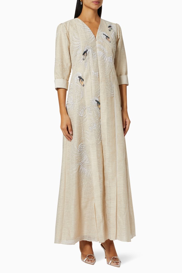 

Swan Embroidered Kaftan in Linen, Neutral