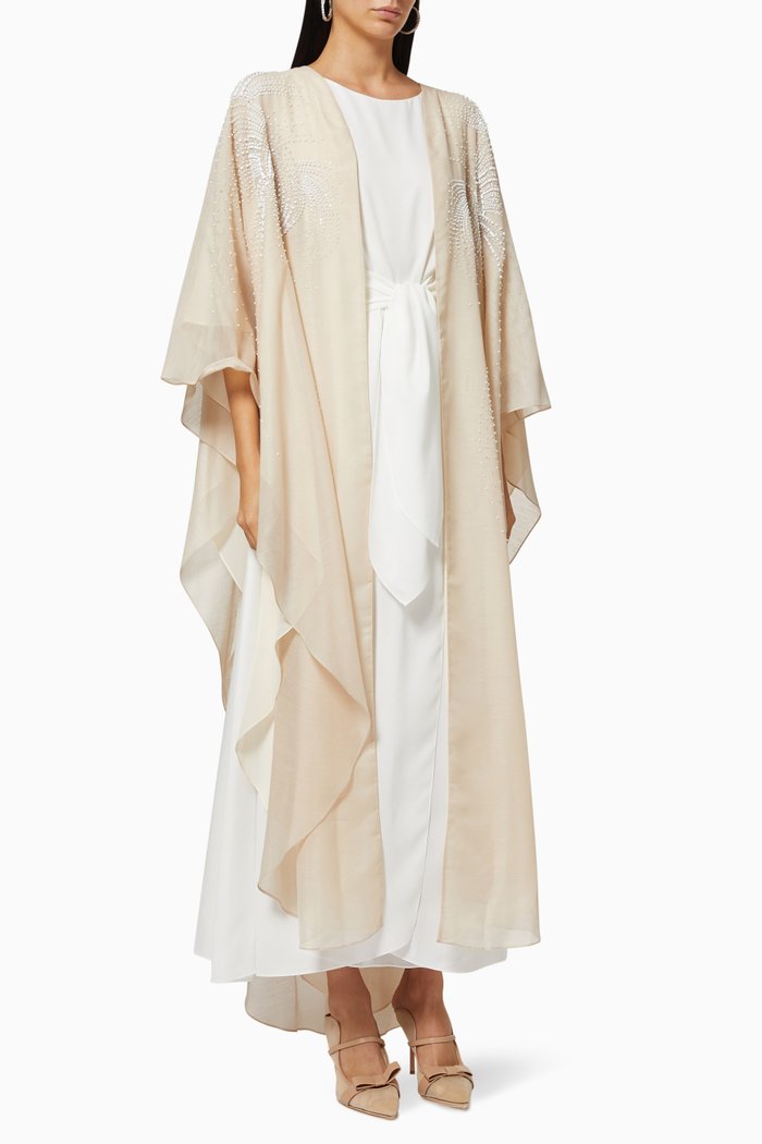 

Embellished Bisht & Dress Set in Linen, Neutral