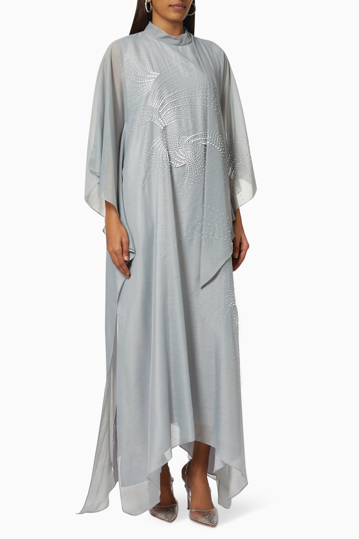 Galactic Embroidered Jalabiya in Linen, Grey