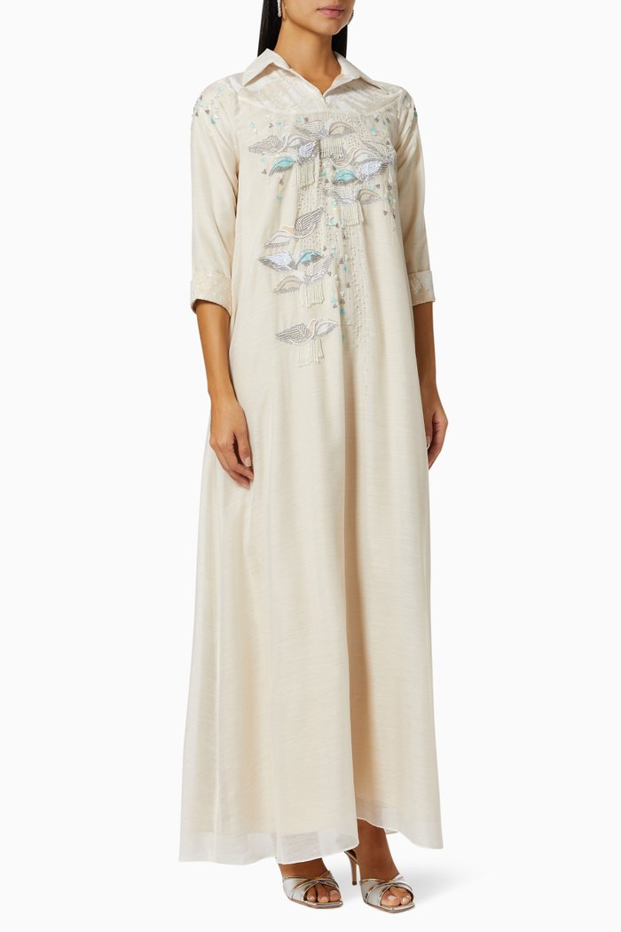 

Dancing Birds Artwork Kaftan in Linen, Neutral