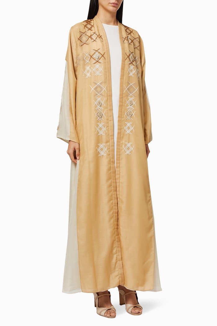 

Sahara Embroidered Abaya Set in Linen, Neutral