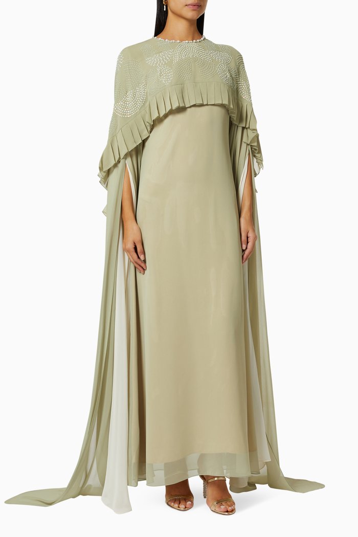 

Embellished Cape Kaftan in Chiffon, Green