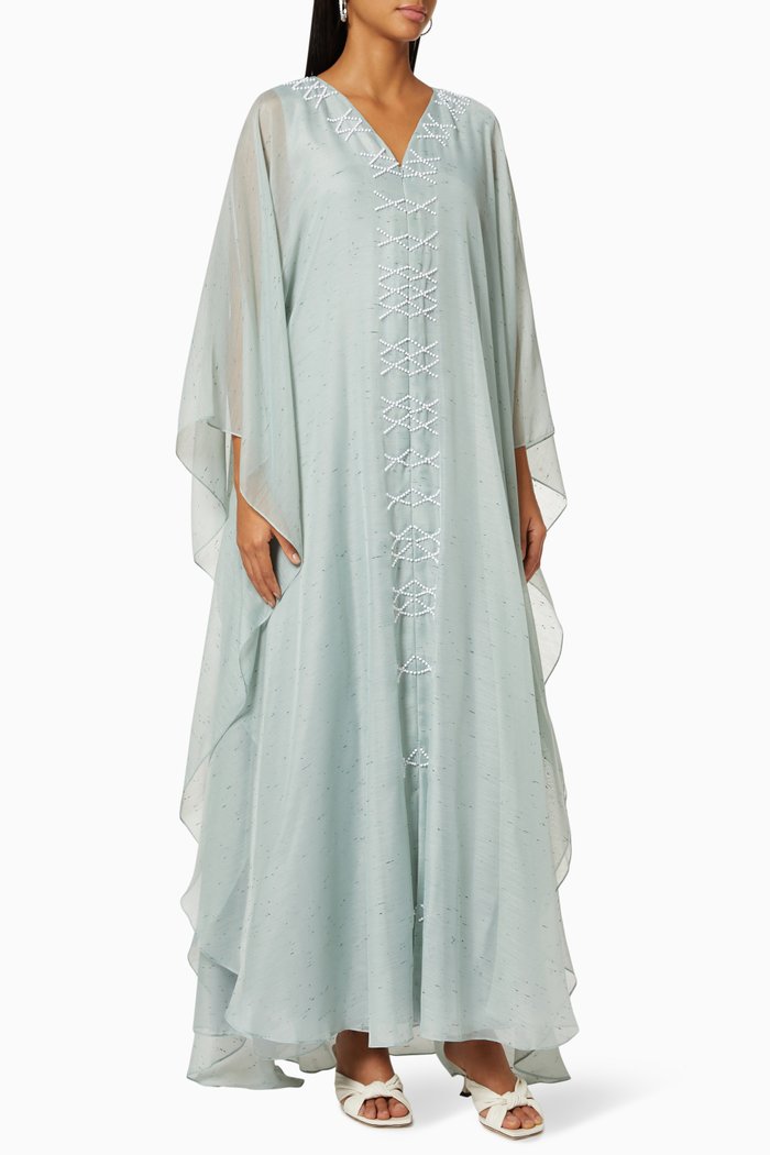 

Farashia Cut Jalabiya in Organza & Linen, Green
