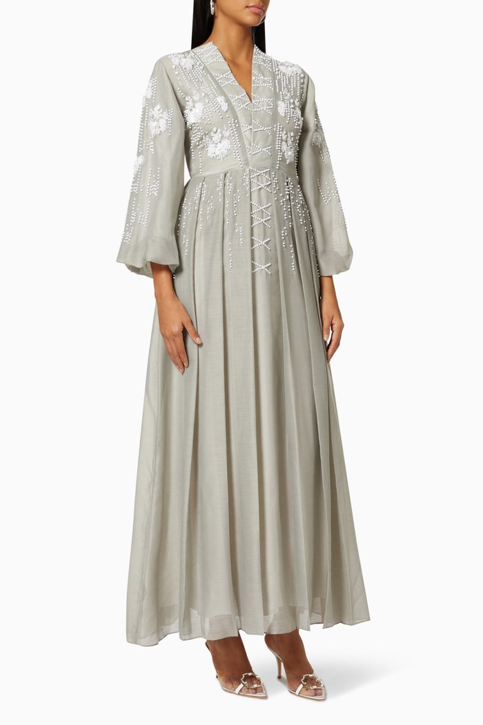 

Floral Embroidered Dress in Linen, Grey