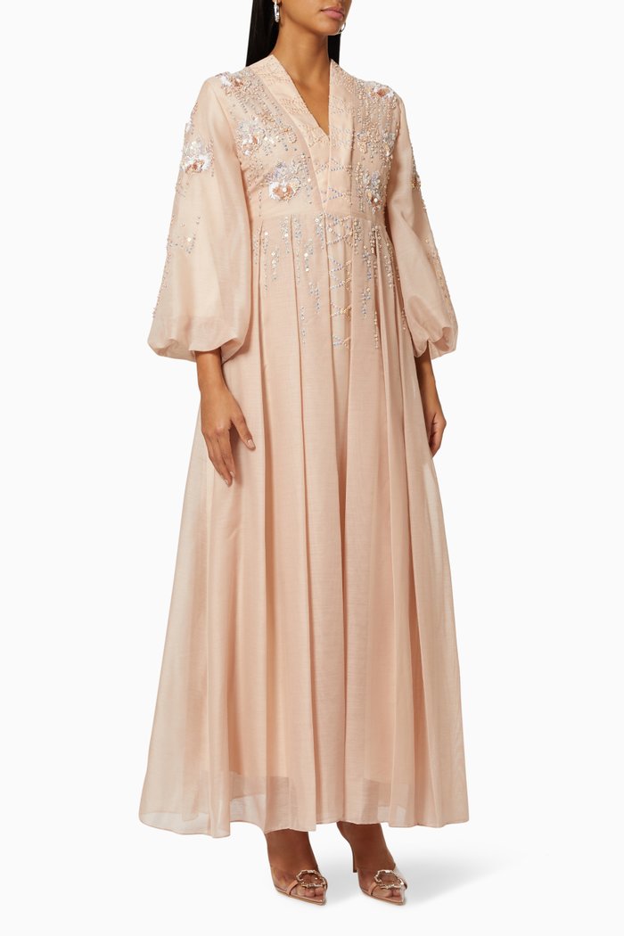 

Floral & Sequin Embellished Dress in Linen, Pink