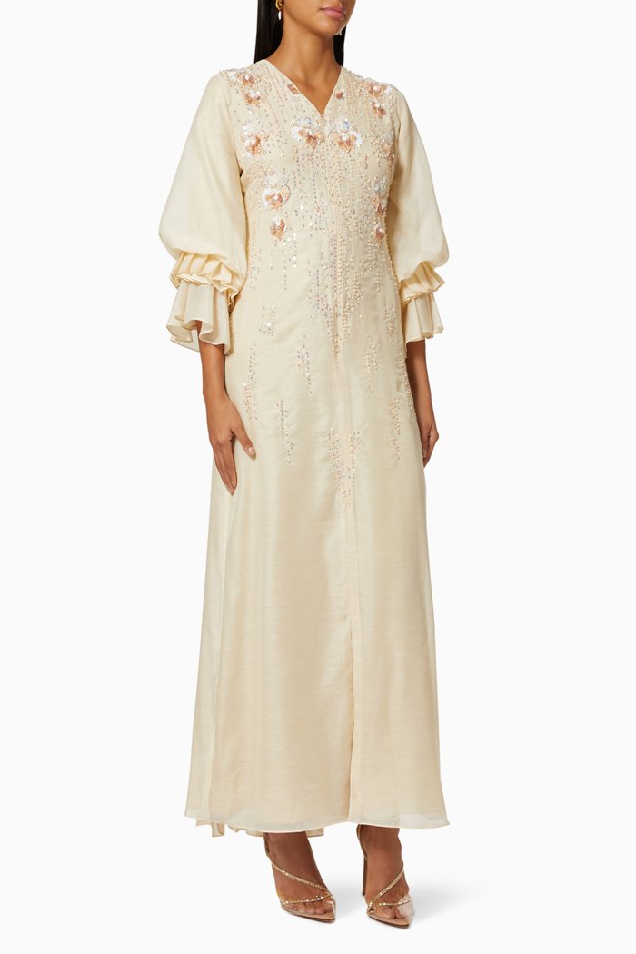 

Embellished Cape Dress in Organza & Linen, Pink