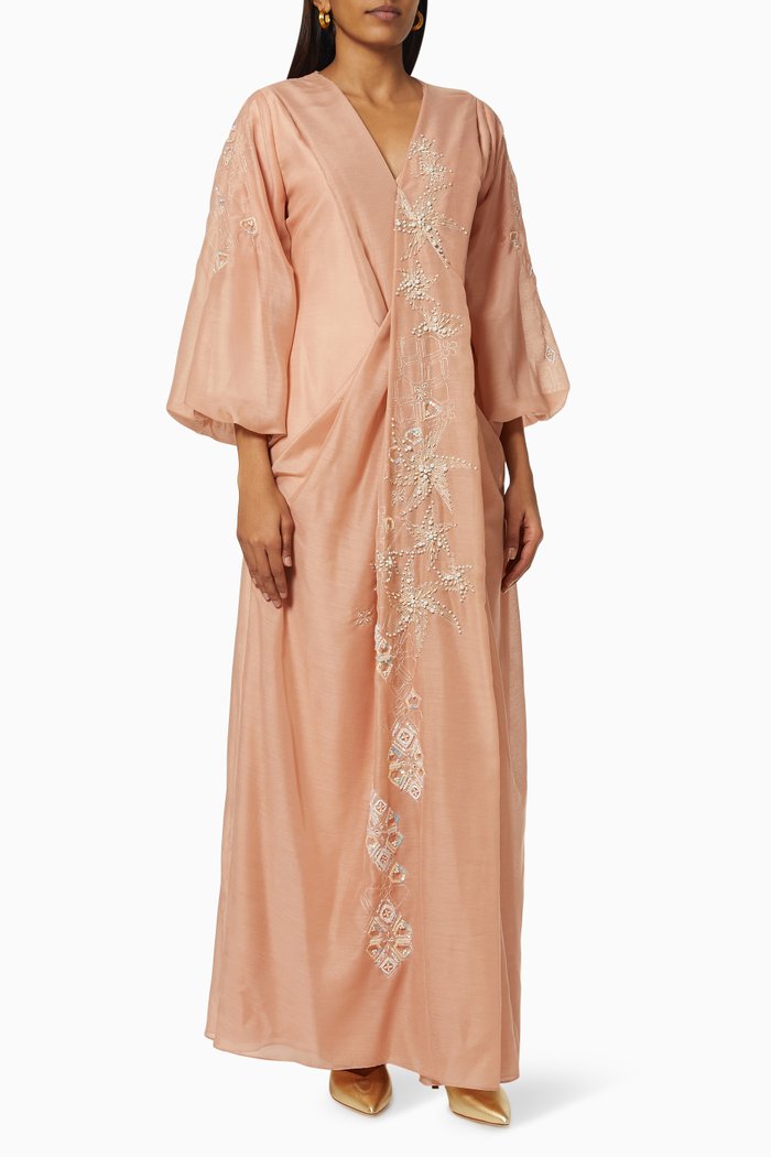 Embroidered Wrap Dress in Chiffon, Pink