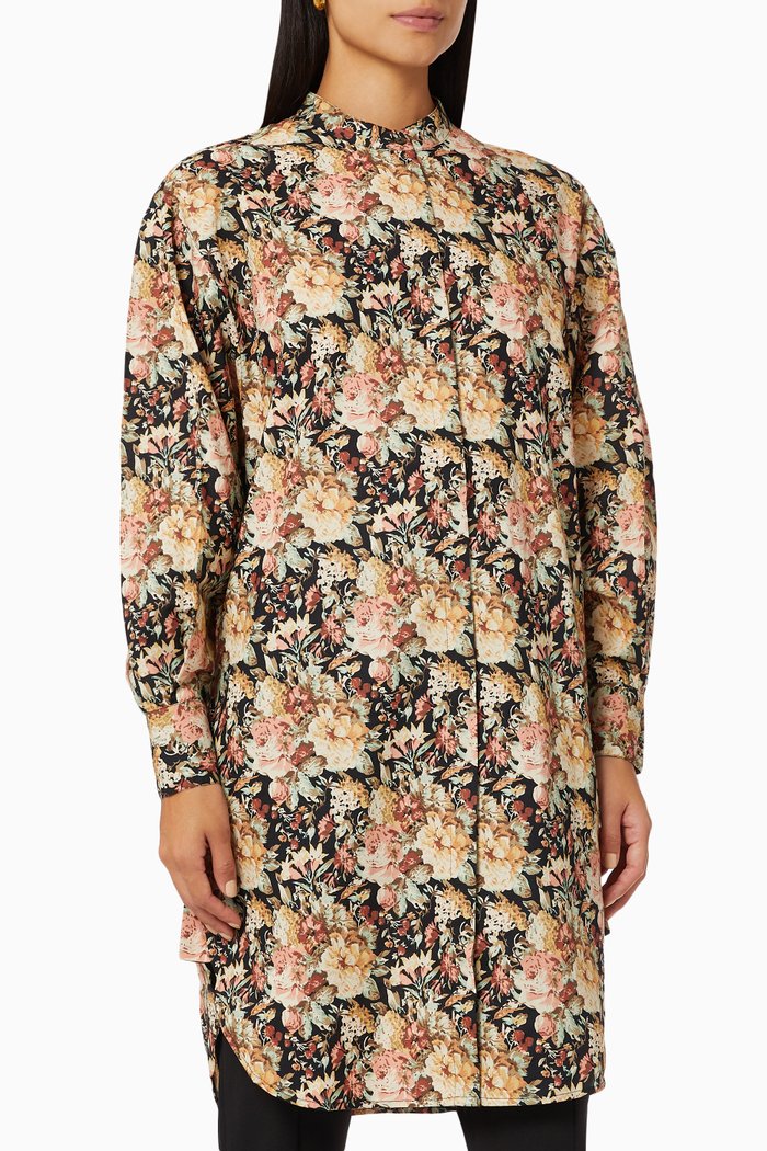 

Yasbillie Longline Shirt in Floral Cotton, Black