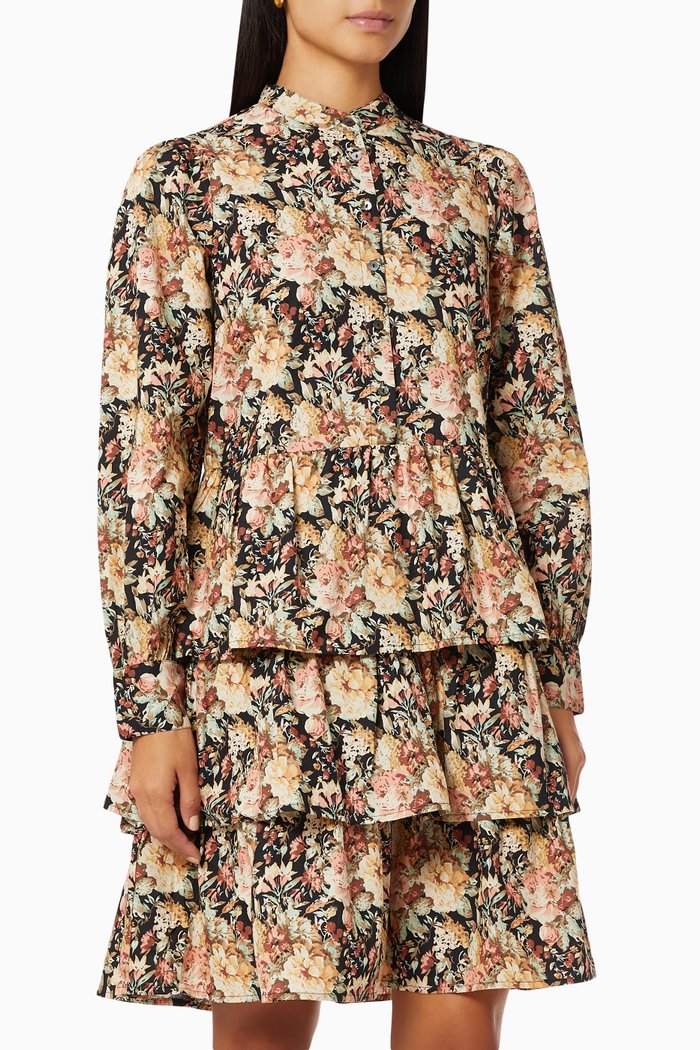

Yasbillie Tiered Dress in Floral Cotton, Black