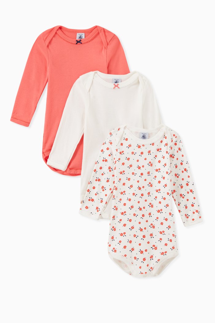 

Long Sleeve Bodysuit in Floral Organic Cotton Rib Knit, Set of 3, Multicolour