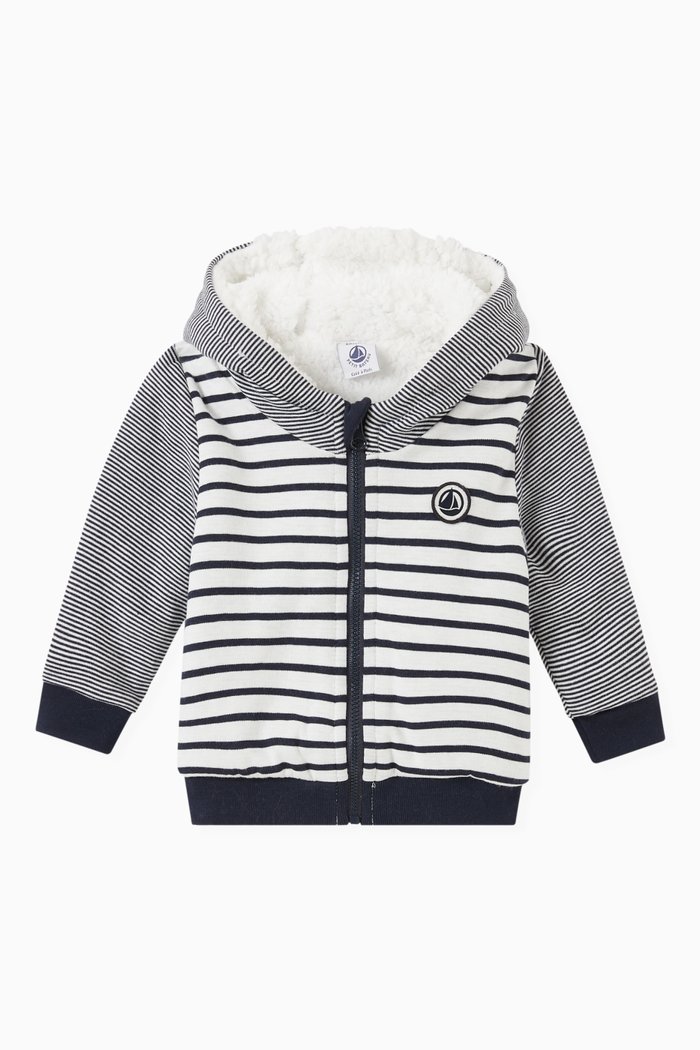 

Sherpa Baseball Jacket in Striped Cotton Rib Knit, Blue