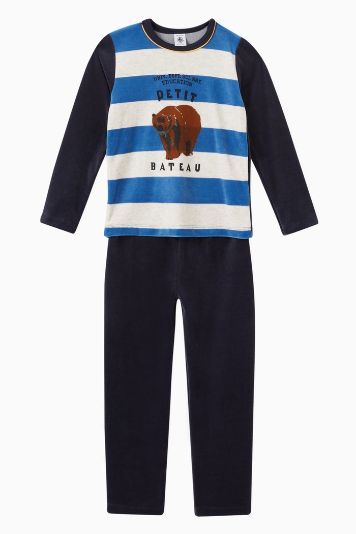 Pyjama in Striped Velour, Blue