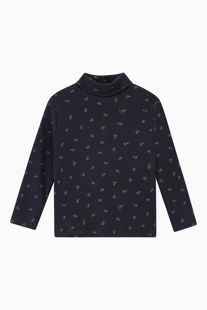 

Long Sleeve Polo-neck Shirt in Cotton Rib Knit, Blue