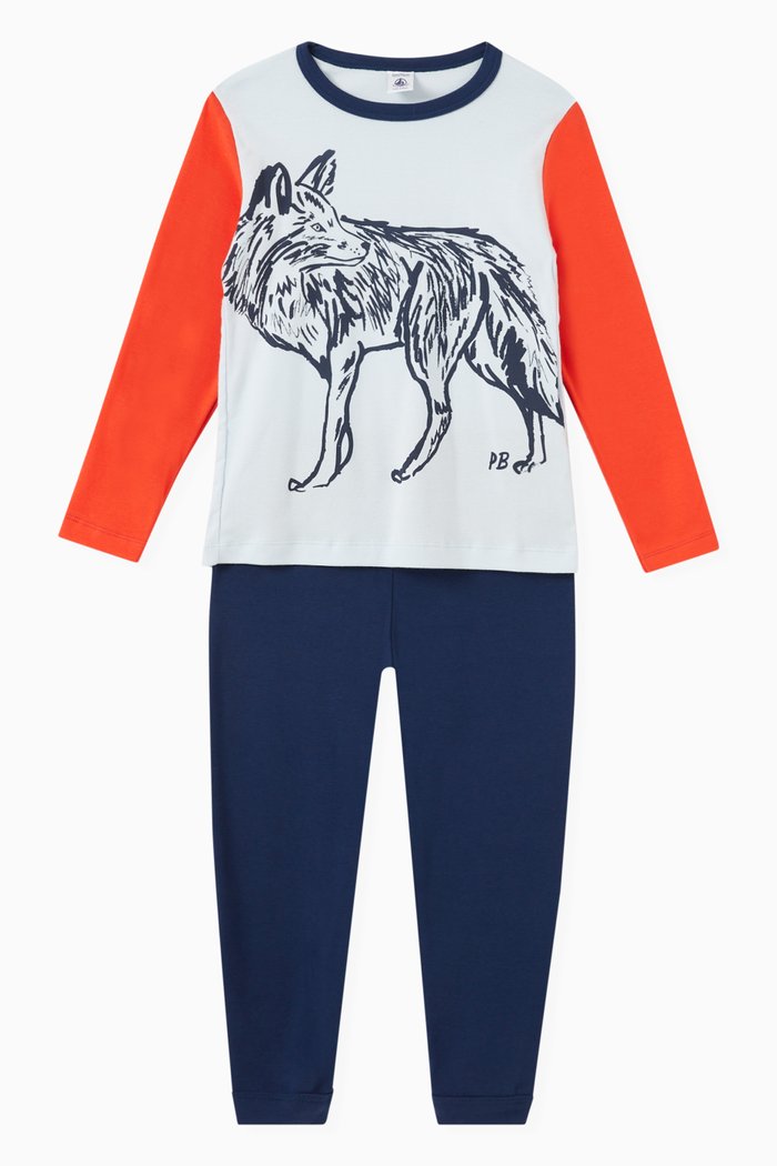 

Wolf Motif Pyjama in Cotton Rib Knit, Multicolour