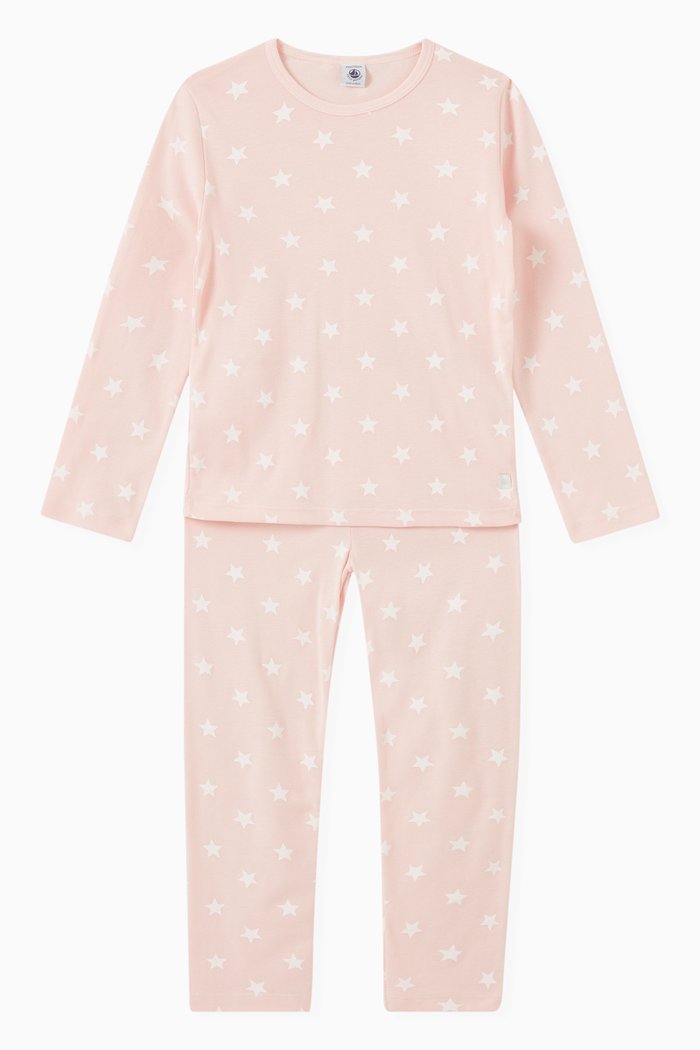 Pyjama in Star Print Cotton Rib Knit, Pink